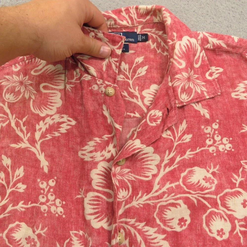 VTG Polo Ralph Lauren Shirt Men Medium Bonnard Linen Floral Pink Red Camp Collar